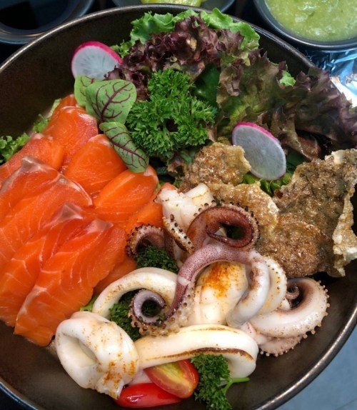 Salmon Sashimi & Grilled Squid at High Tide Eatery & Bar